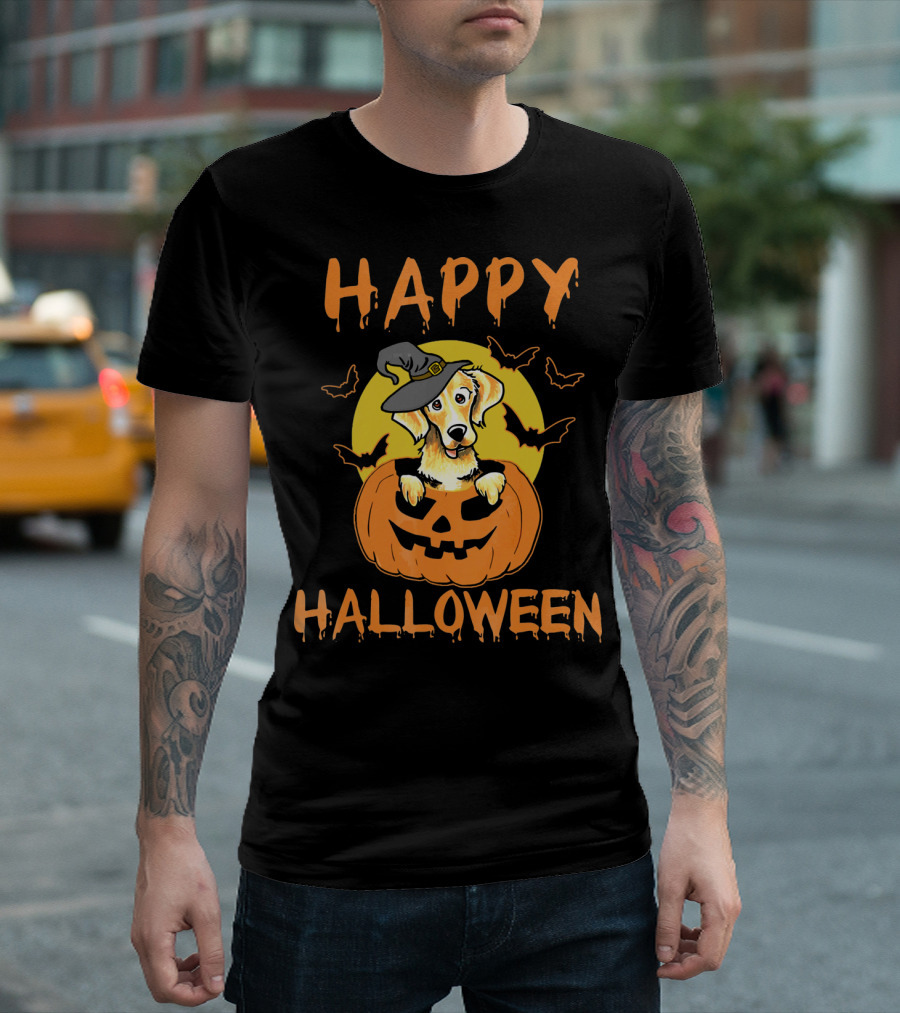 Happy Halloween Golden Retriever Pumpkin Witch Hat T-Shirt