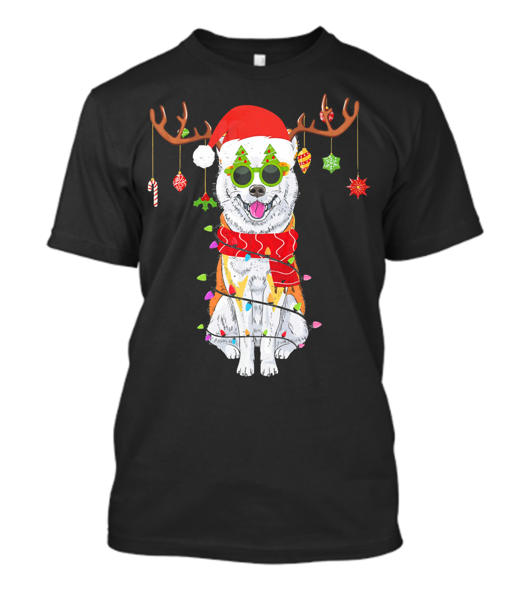 Christmas Akita Dog With Reindeer Antlers And Holiday Lights T-Shirt