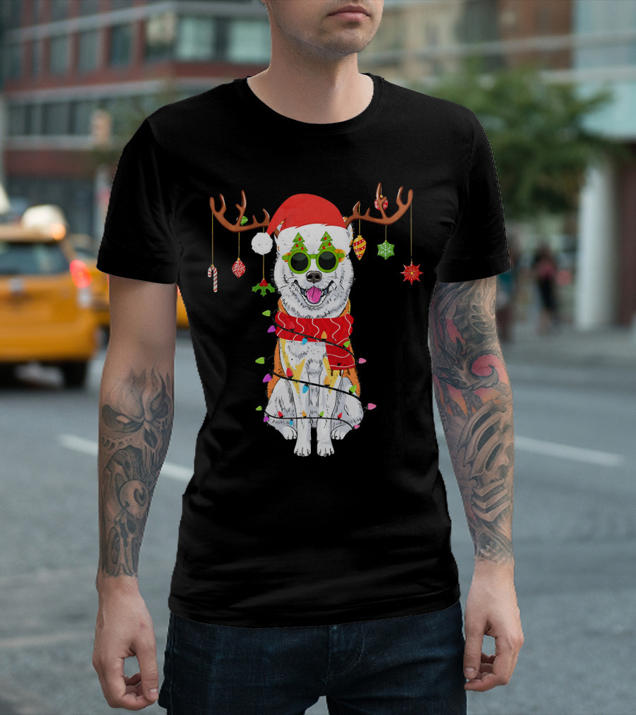 Christmas Akita Dog With Reindeer Antlers And Holiday Lights T-Shirt