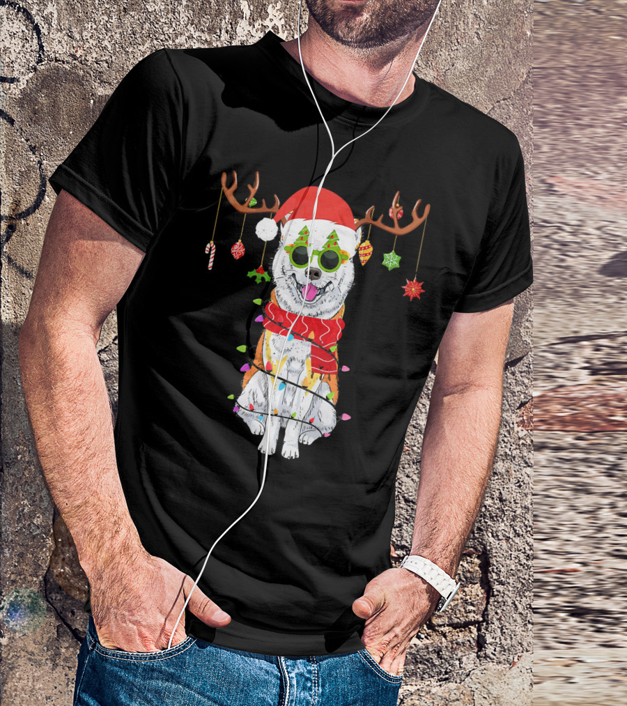 Christmas Akita Dog With Reindeer Antlers And Holiday Lights T-Shirt
