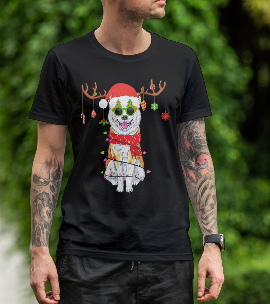 Christmas Akita Dog With Reindeer Antlers And Holiday Lights T-Shirt