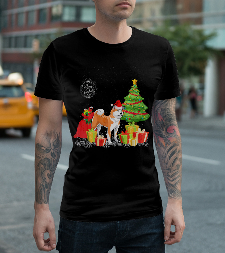 Merry Christmas Akita with Santa Hat and Presents Under Christmas Tree T-Shirt