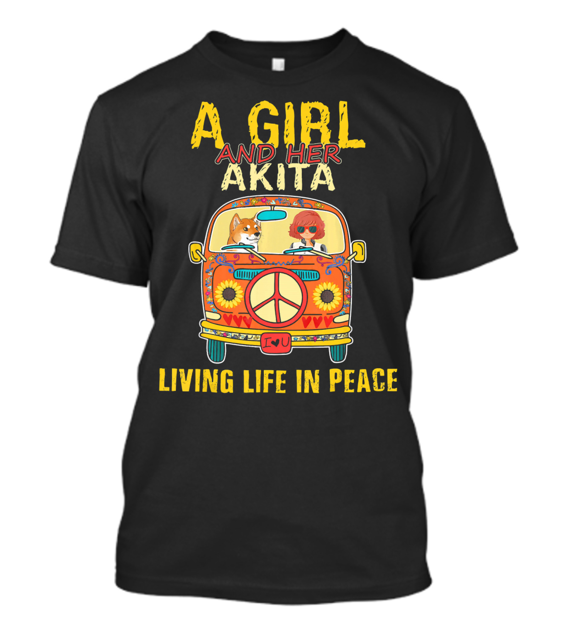 A Girl And Her Akita Living Life In Peace Vintage Van Adventure T-Shirt