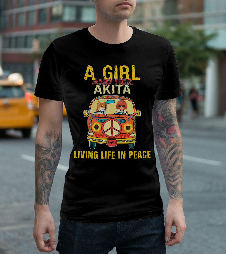 A Girl And Her Akita Living Life In Peace Vintage Van Adventure T-Shirt