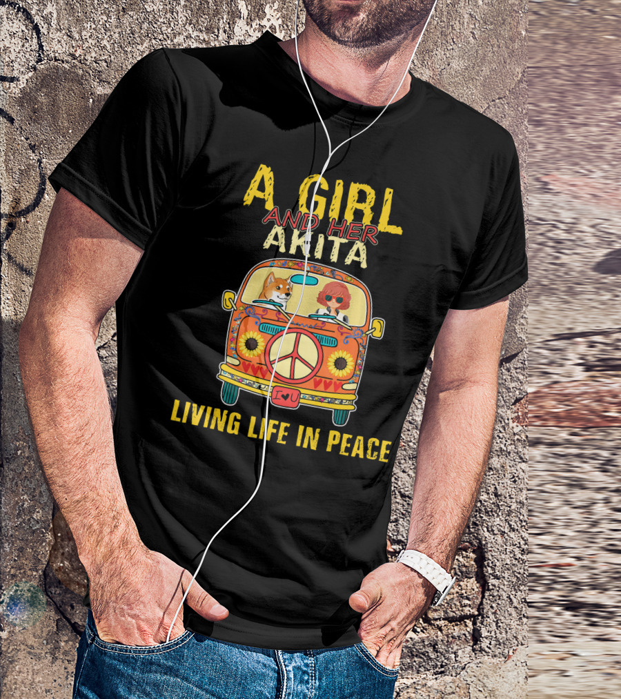 A Girl And Her Akita Living Life In Peace Vintage Van Adventure T-Shirt