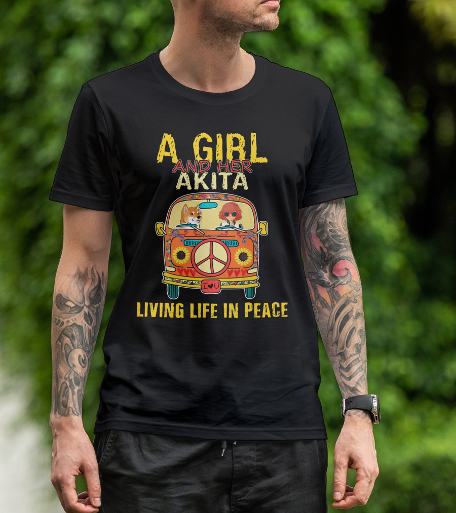 A Girl And Her Akita Living Life In Peace Vintage Van Adventure T-Shirt