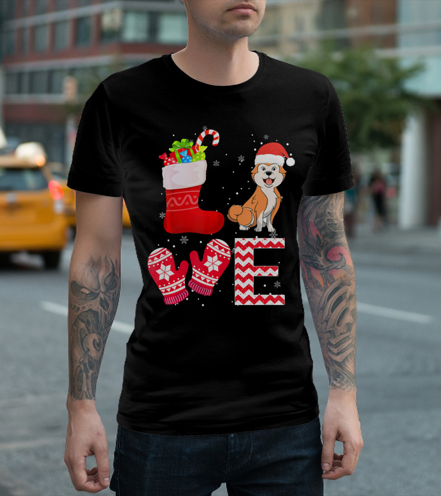 Christmas Akita Lover Dog Stocking Mittens Snowflakes T-Shirt