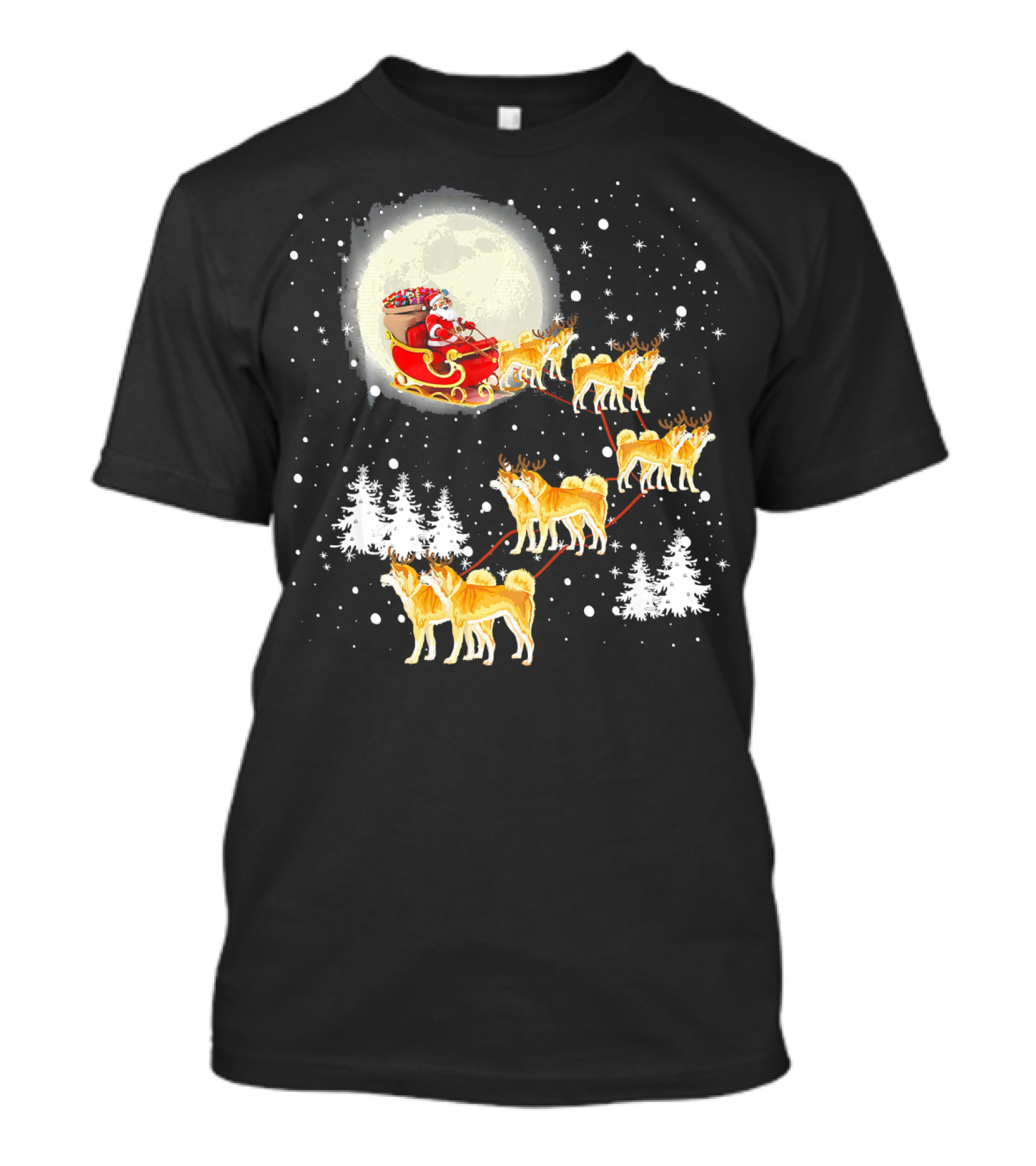 Santa Akita Inu Reindeer Sleigh Christmas Lights Snow Moon T-Shirt