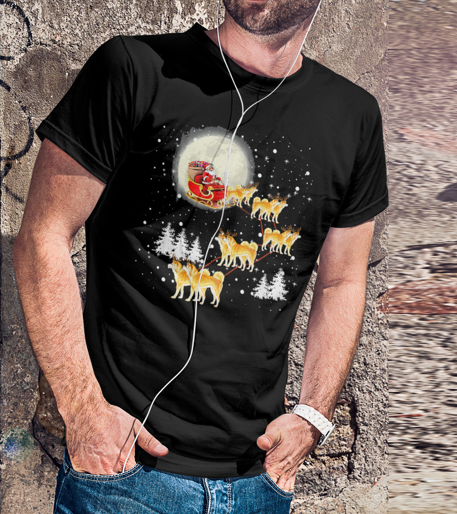 Santa Akita Inu Reindeer Sleigh Christmas Lights Snow Moon T-Shirt