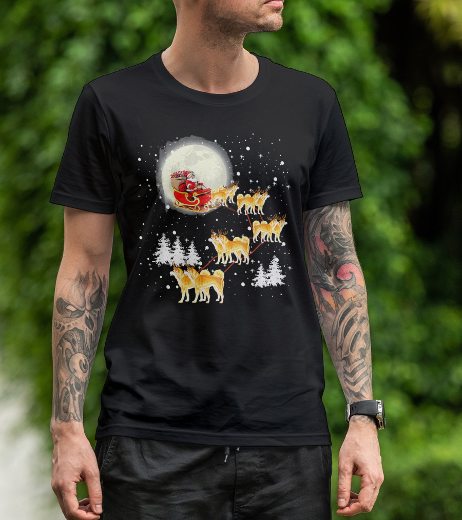 Santa Akita Inu Reindeer Sleigh Christmas Lights Snow Moon T-Shirt