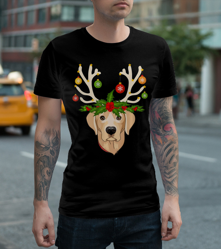 Christmas Labrador Retriever With Holiday Reindeer Antlers And Ornaments T-Shirt