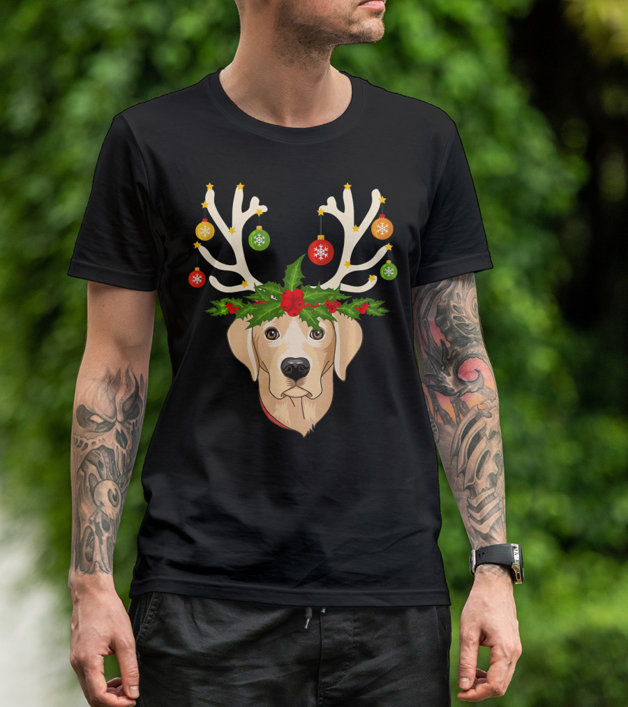 Christmas Labrador Retriever With Holiday Reindeer Antlers And Ornaments T-Shirt