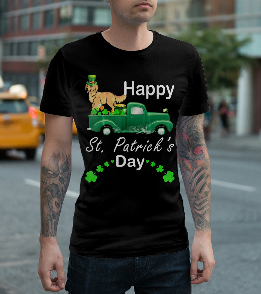 Happy St. Patrick's Day Golden Retriever on Green Truck with Shamrocks T-Shirt