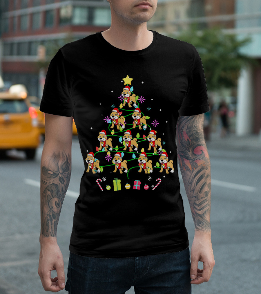 Funny Akita Puppies with Santa Hats on Christmas Tree with Stars and LED Lights T-Shirt