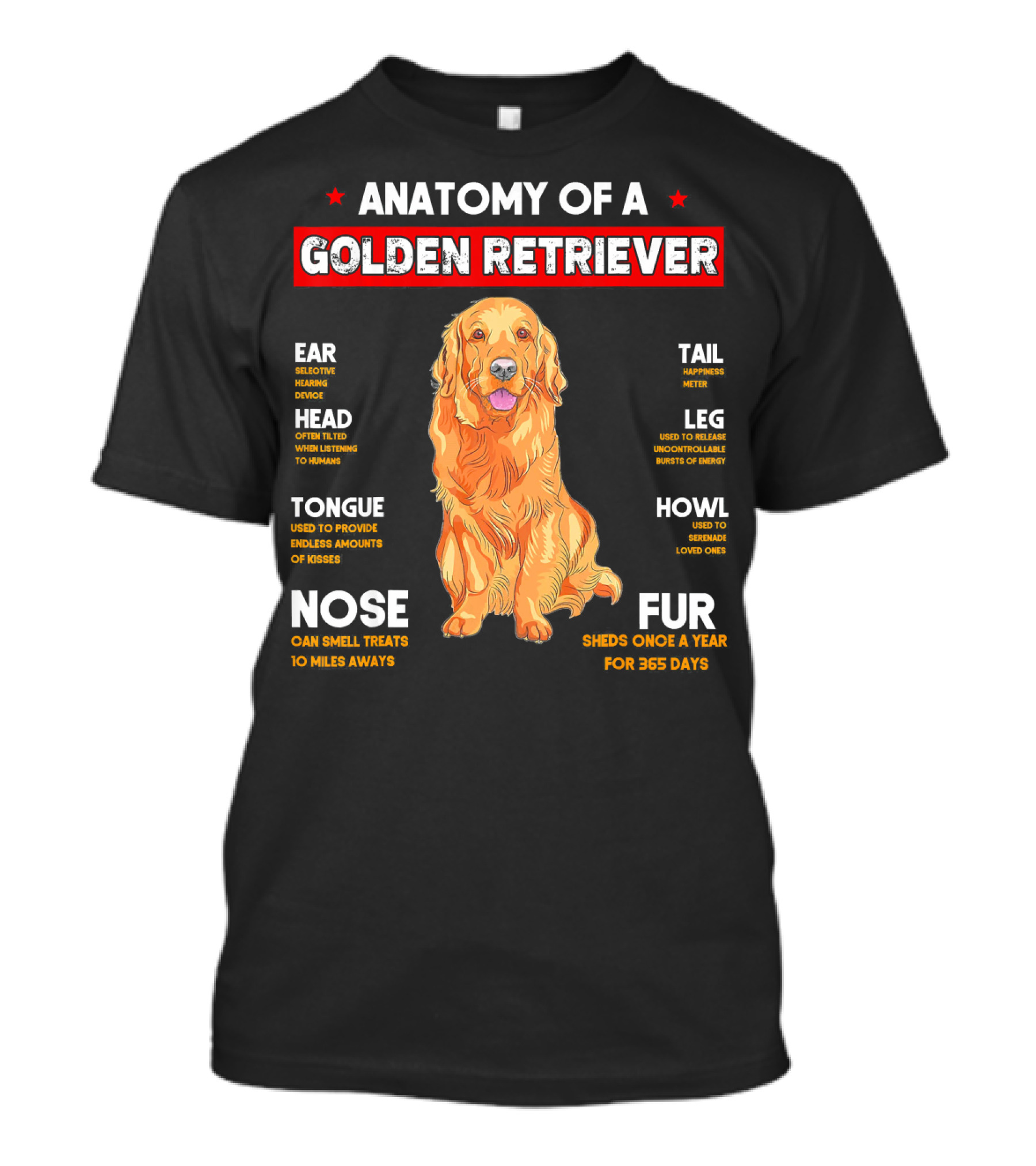 Anatomy Of A Golden Retriever Ear Selector Head Tongue Nose Tail Leg Howl Fur T-Shirt