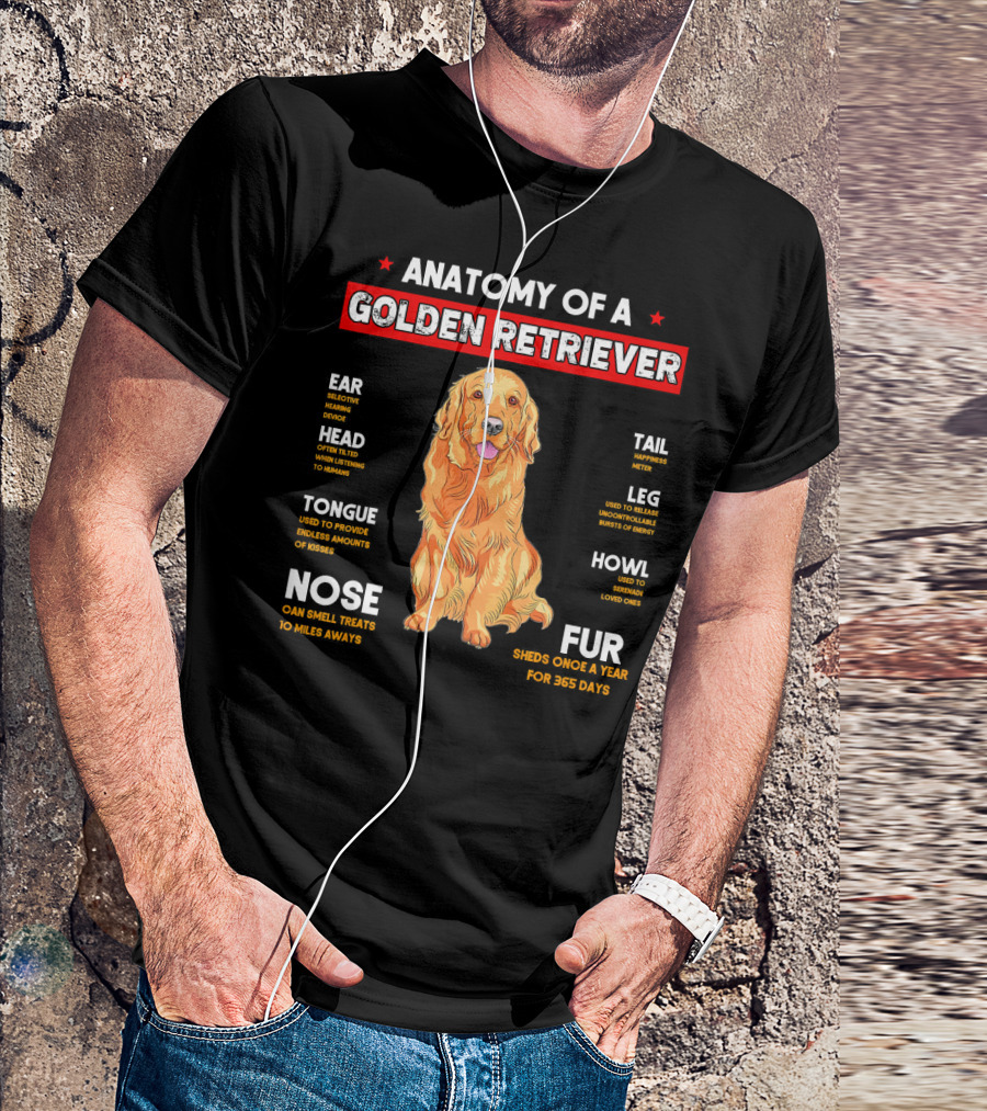 Anatomy Of A Golden Retriever Ear Selector Head Tongue Nose Tail Leg Howl Fur T-Shirt