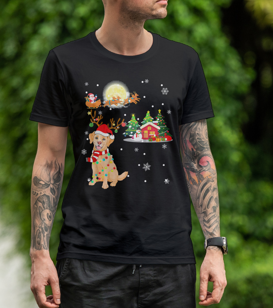 Santa Sleigh Moon Labrador Retriever Christmas Trees Snowflakes T-Shirt