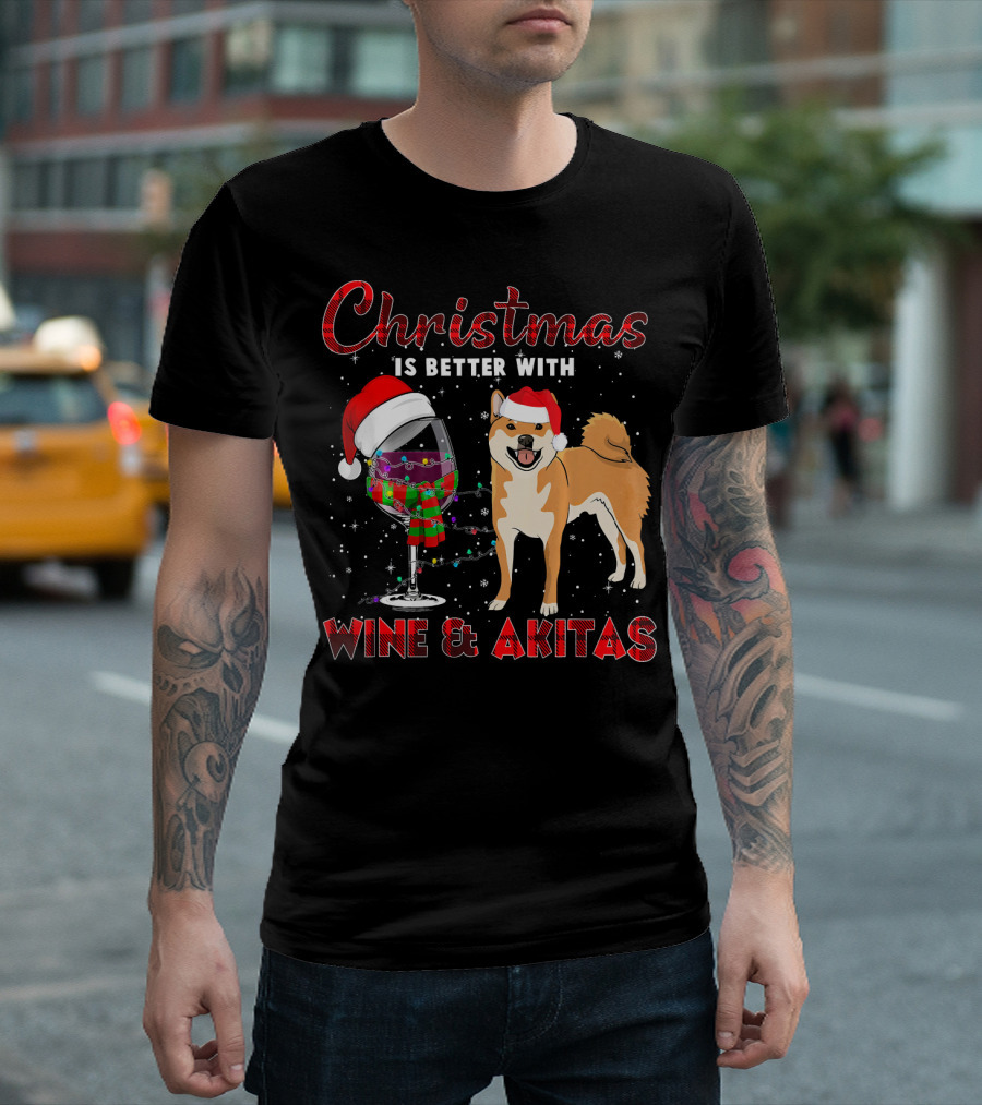 Christmas Is Better With Wine and Akitas Santa Hat Snowflakes T-Shirt