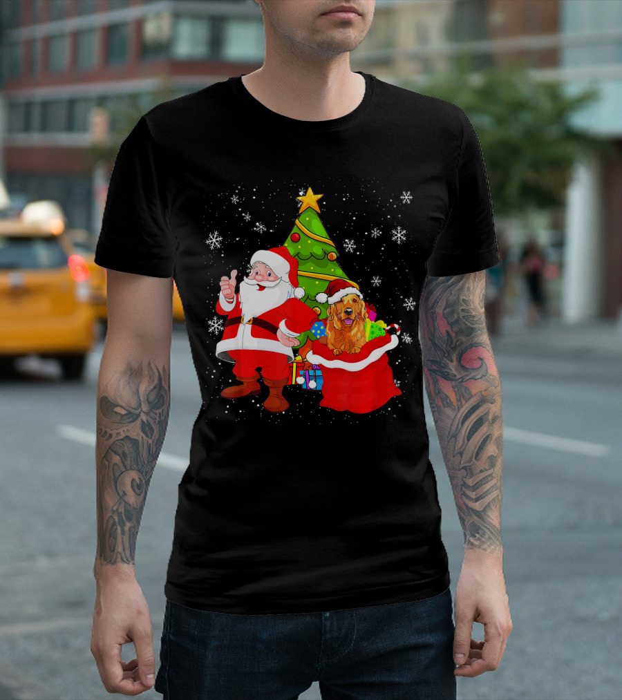 Christmas Santa Claus Golden Retriever Tree and Presents T-Shirt