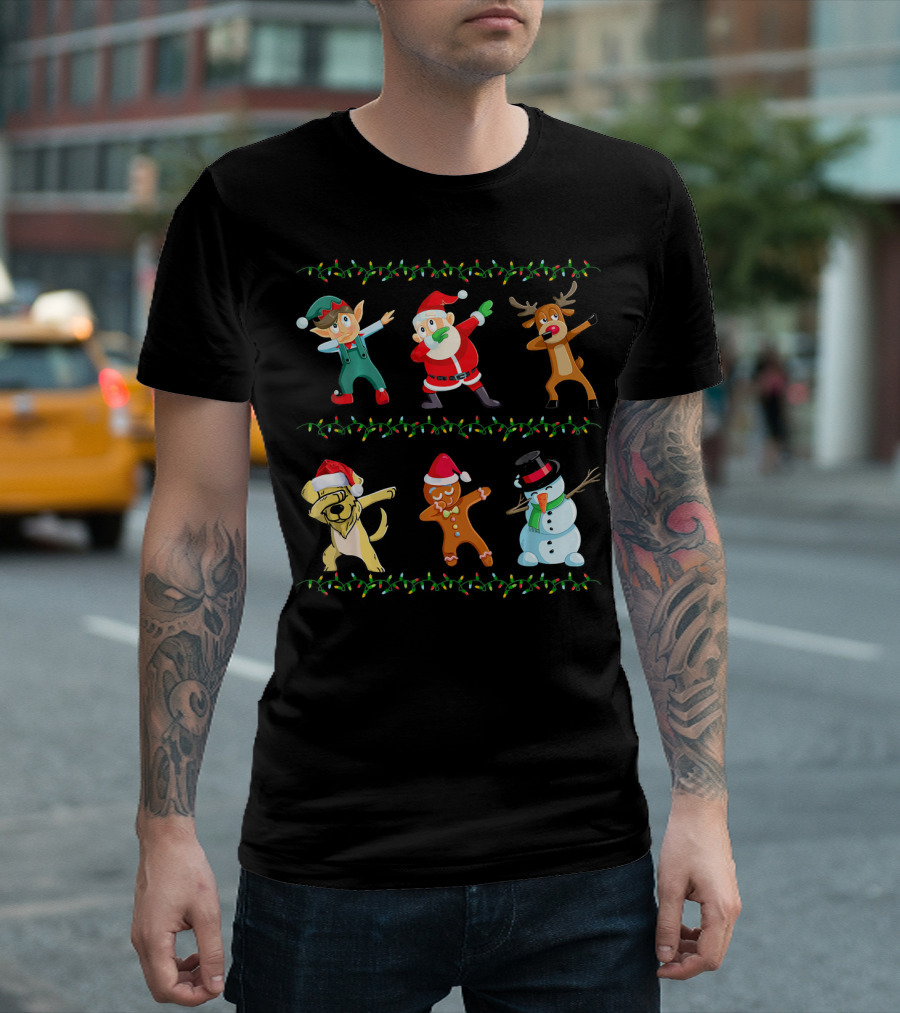 Funny Dabbing Santa Golden Retriever Elf Reindeer Gingerbread Snowman Christmas Lights T-Shirt
