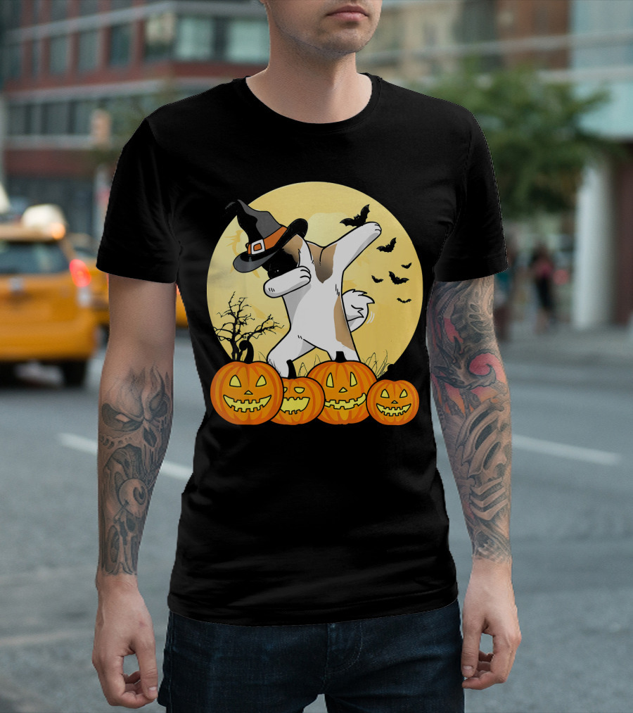 Halloween Akita Dog Dabbing With Pumpkins And Witch Hat T-Shirt