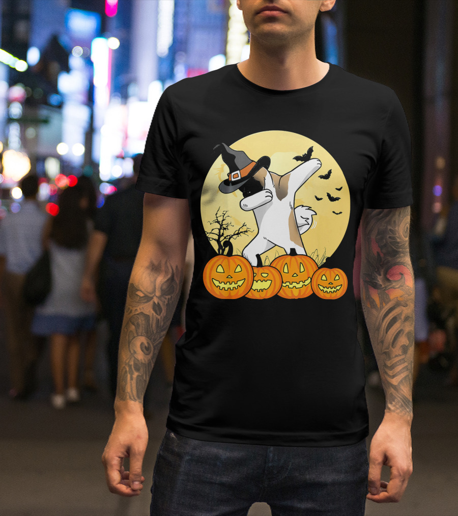 Halloween Akita Dog Dabbing With Pumpkins And Witch Hat T-Shirt