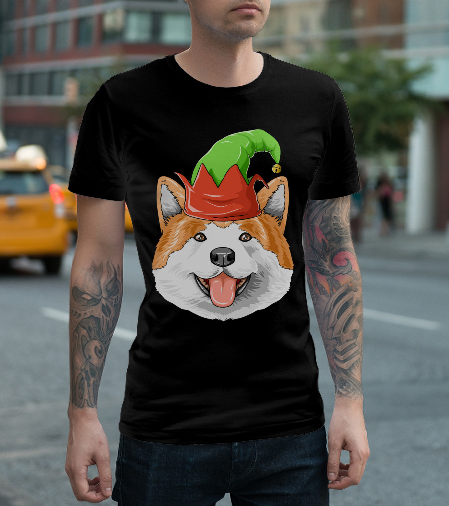 Akita Dog In Festive Elf Hat Christmas T-Shirt