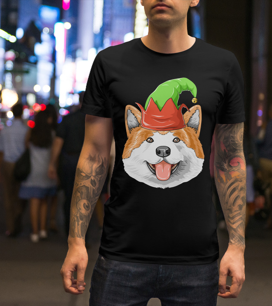 Akita Dog In Festive Elf Hat Christmas T-Shirt