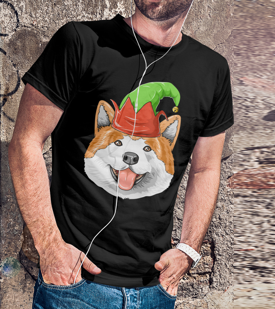 Akita Dog In Festive Elf Hat Christmas T-Shirt