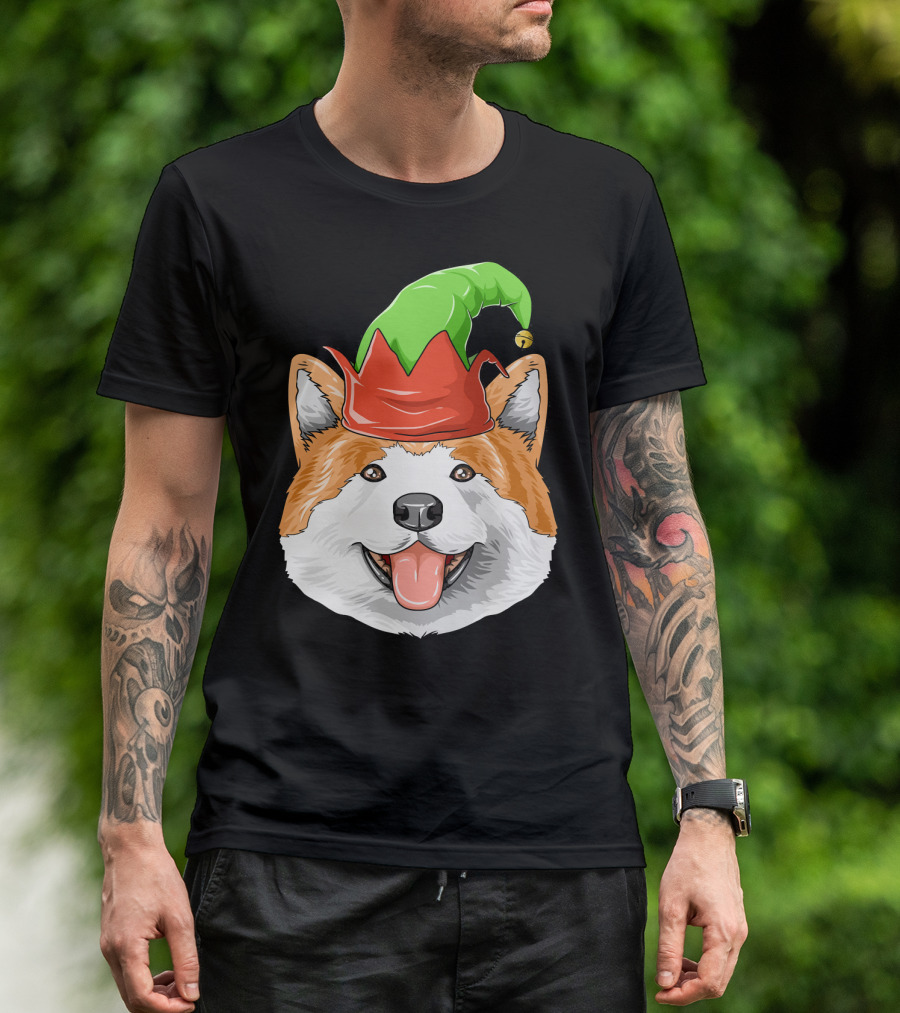 Akita Dog In Festive Elf Hat Christmas T-Shirt
