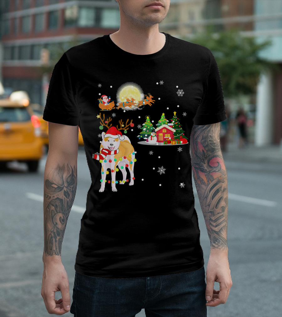 Festive Akita Inu With Santa and Reindeer Under the Christmas Moon T-Shirt