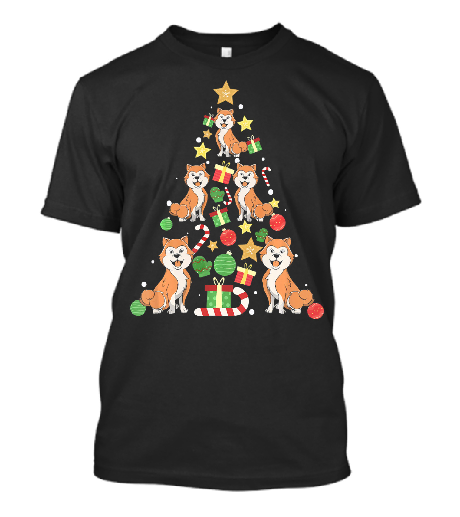Akita Dogs With Candy Canes And Gifts Christmas Tree T-Shirt