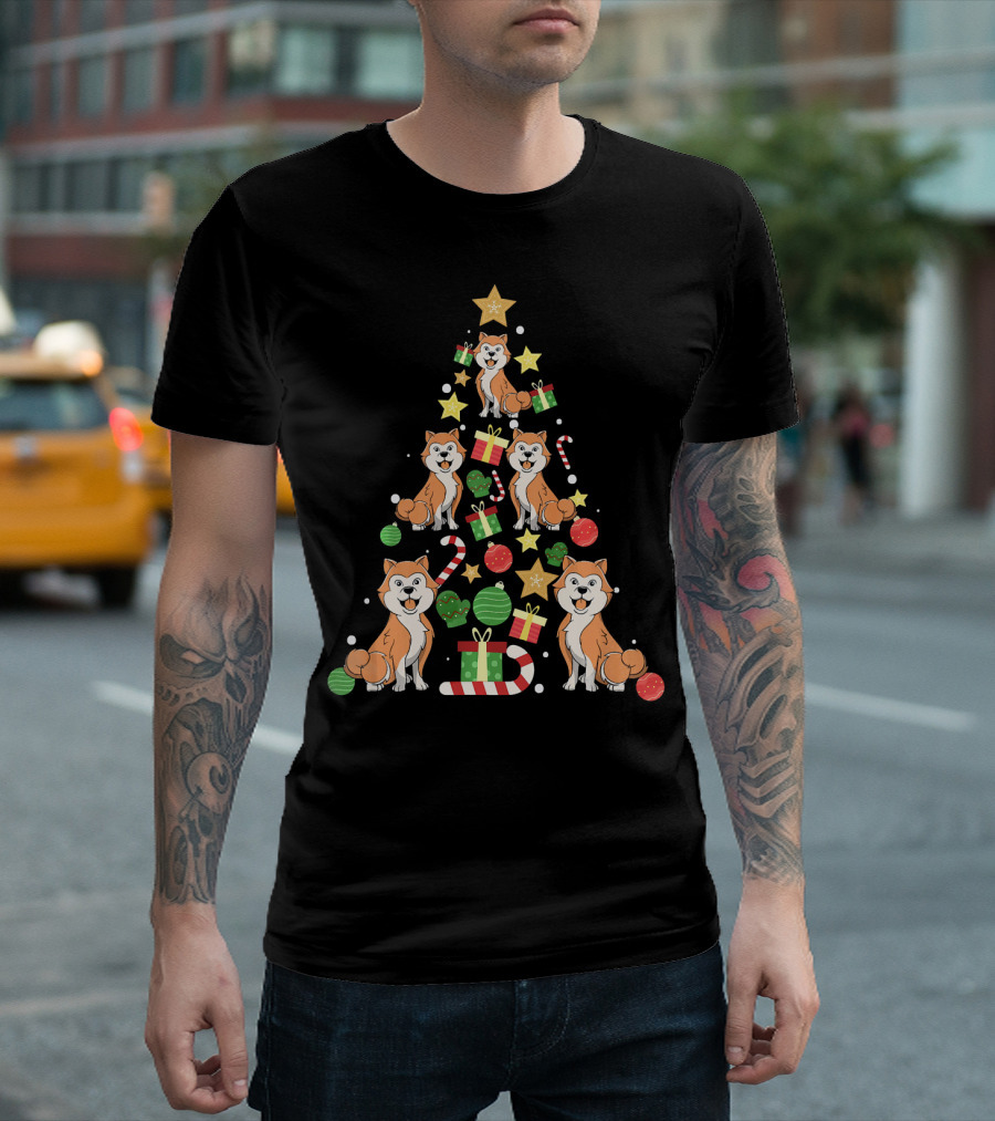 Akita Dogs With Candy Canes And Gifts Christmas Tree T-Shirt