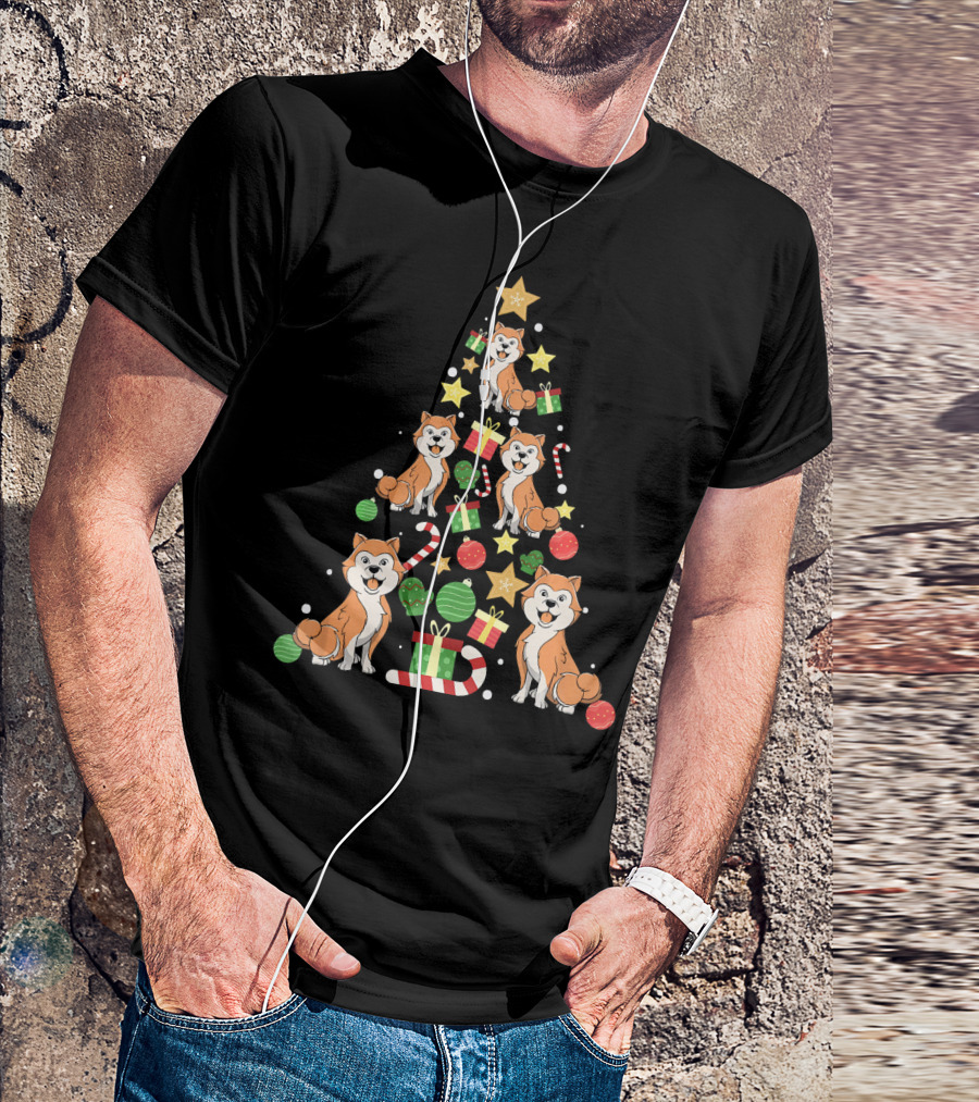 Akita Dogs With Candy Canes And Gifts Christmas Tree T-Shirt