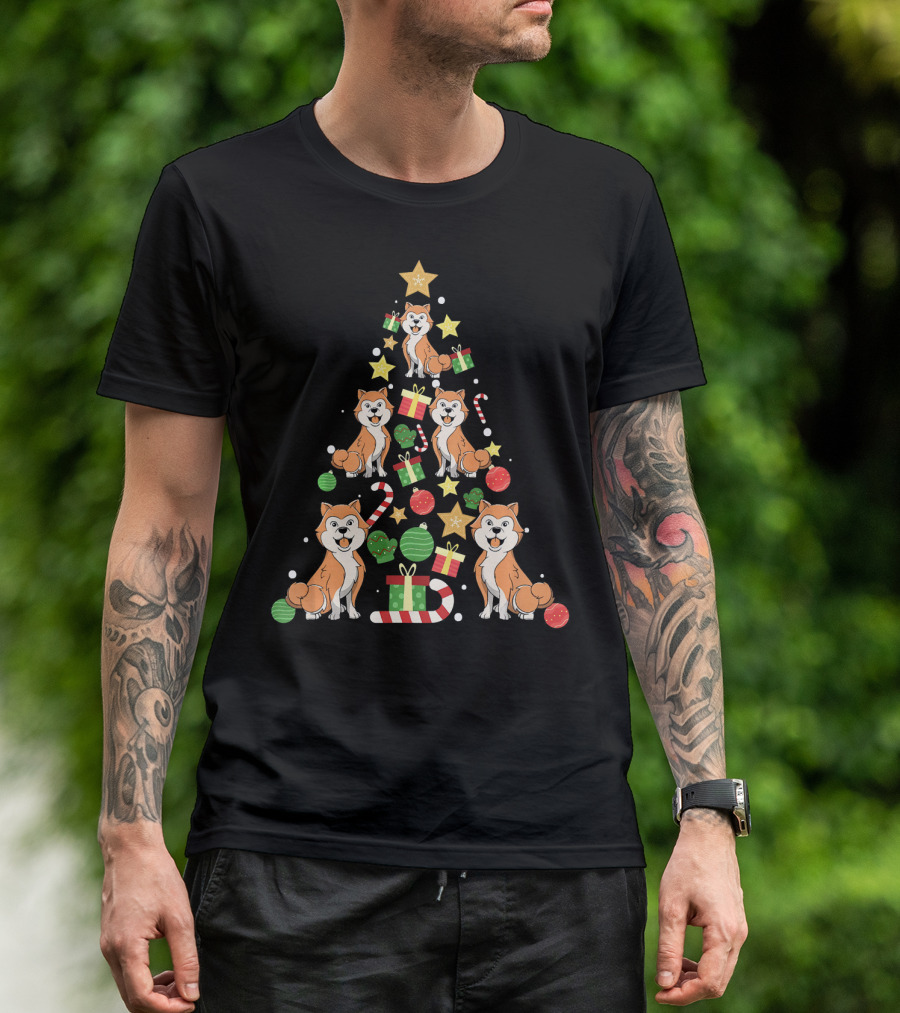 Akita Dogs With Candy Canes And Gifts Christmas Tree T-Shirt