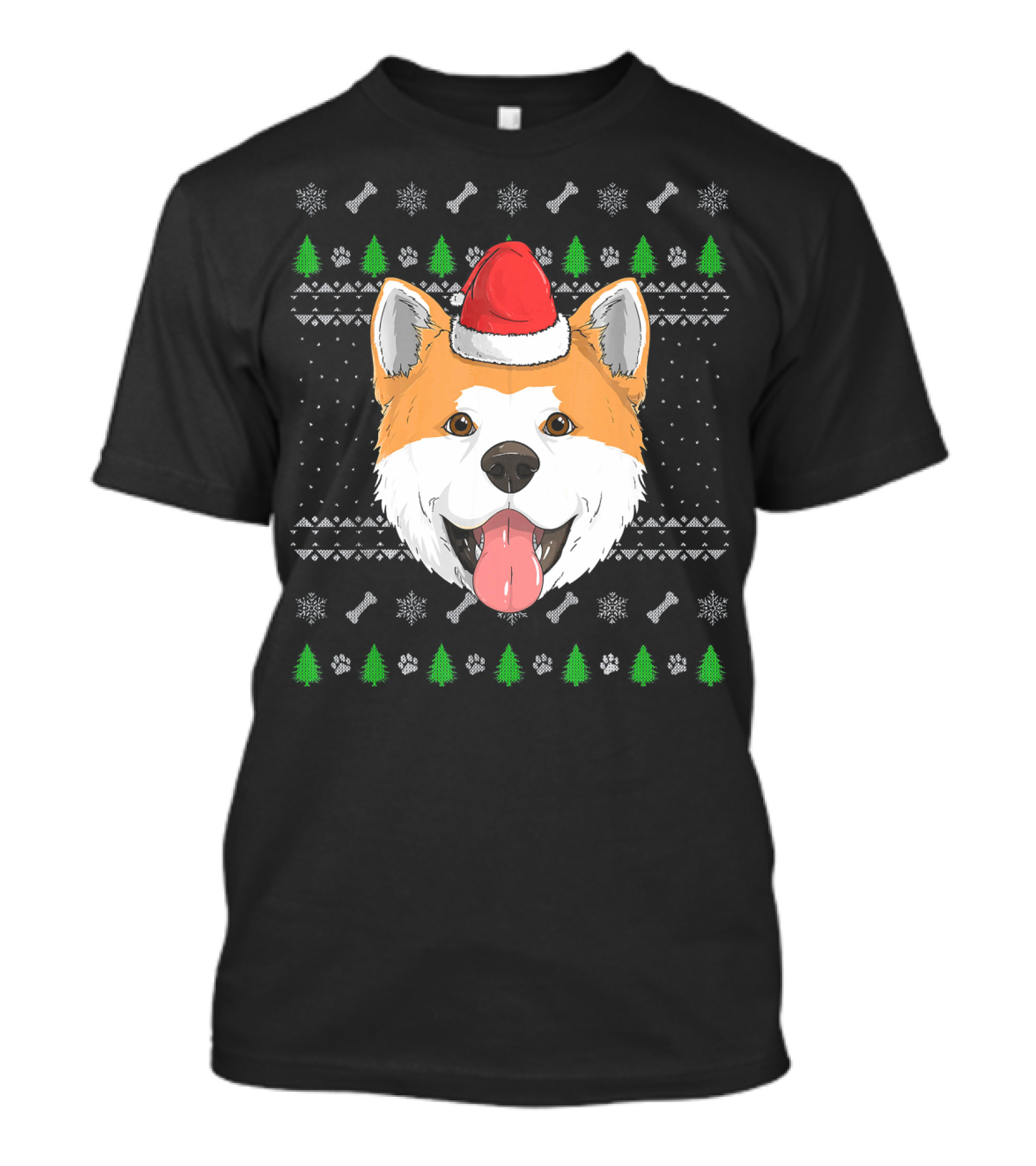 Akita Inu Dog Santa Claus Hat Ugly Christmas Sweater Paws Bones Trees T-Shirt