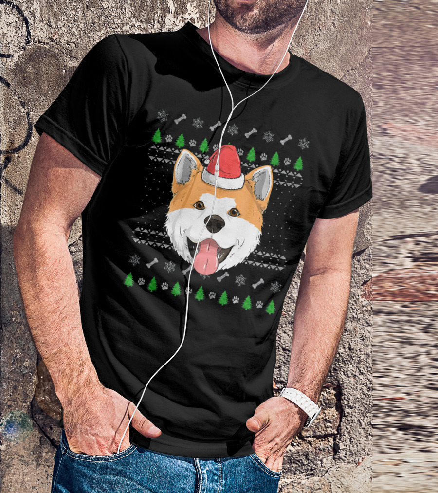 Akita Inu Dog Santa Claus Hat Ugly Christmas Sweater Paws Bones Trees T-Shirt