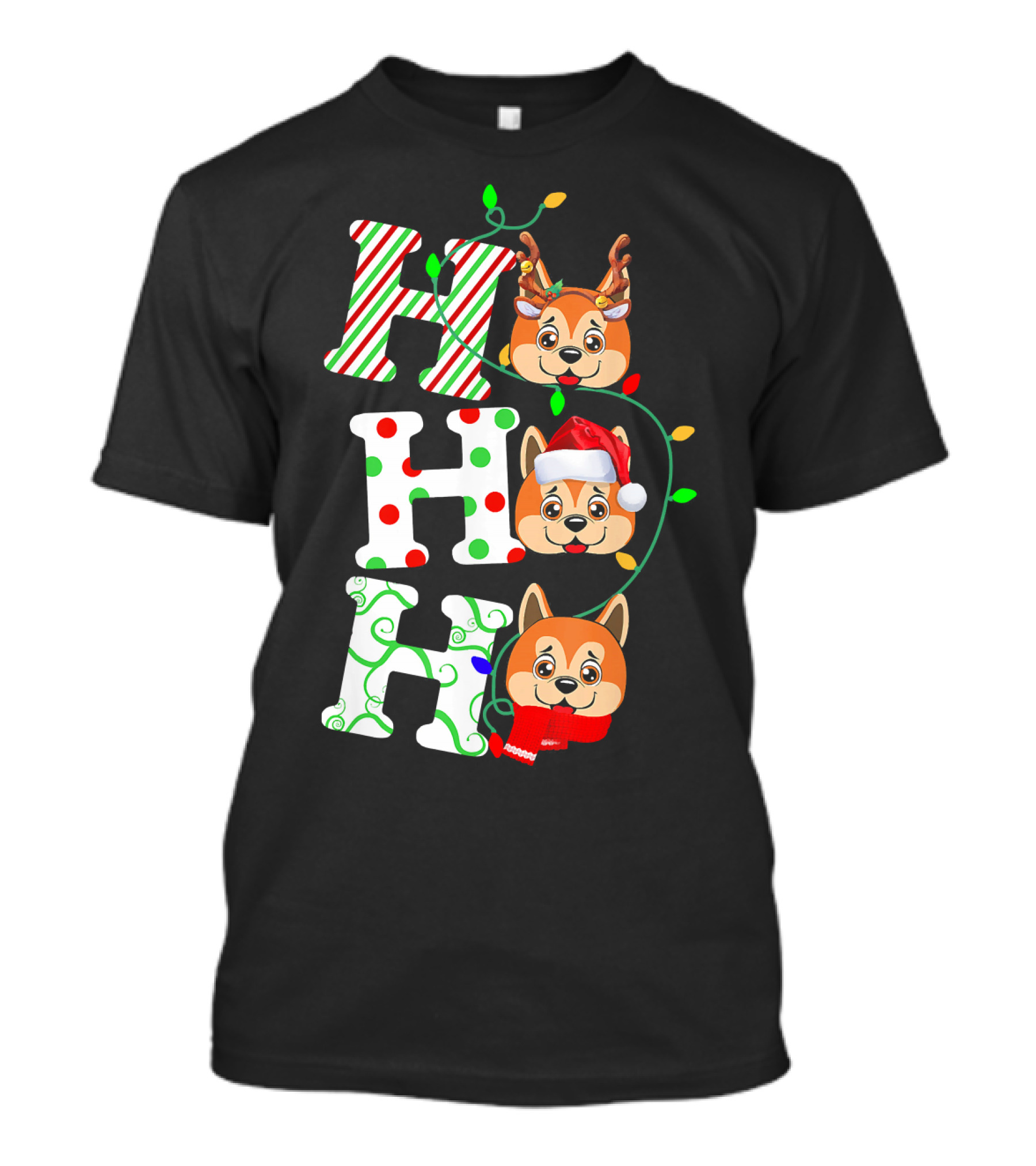 Ho Ho Ho Akita Christmas Dog Santa Hat Reindeer Lights T-Shirt