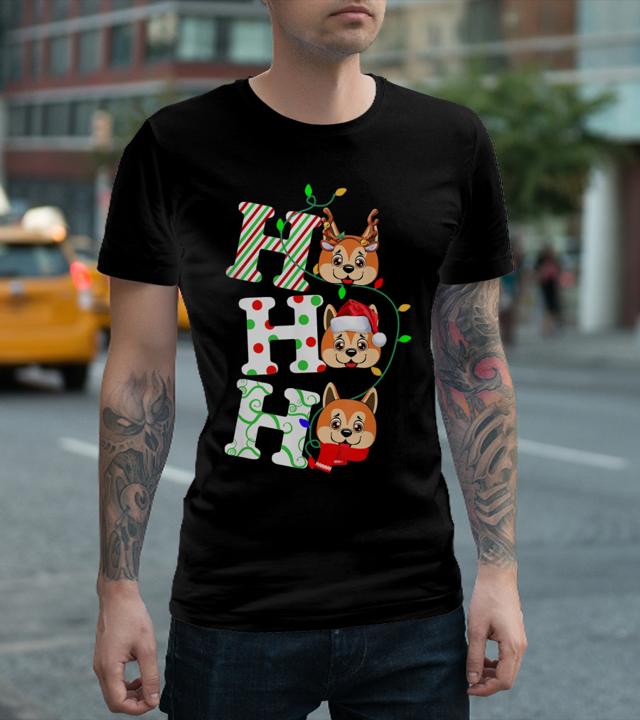 Ho Ho Ho Akita Christmas Dog Santa Hat Reindeer Lights T-Shirt