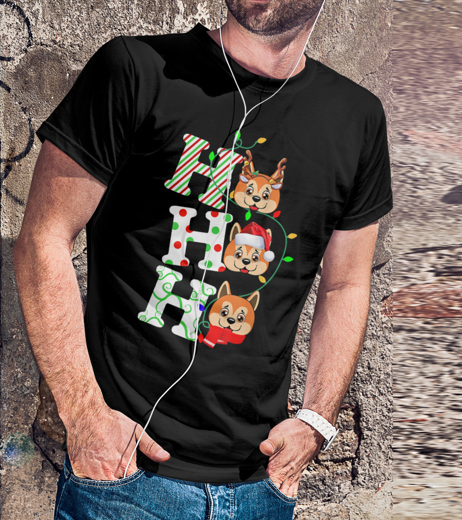 Ho Ho Ho Akita Christmas Dog Santa Hat Reindeer Lights T-Shirt