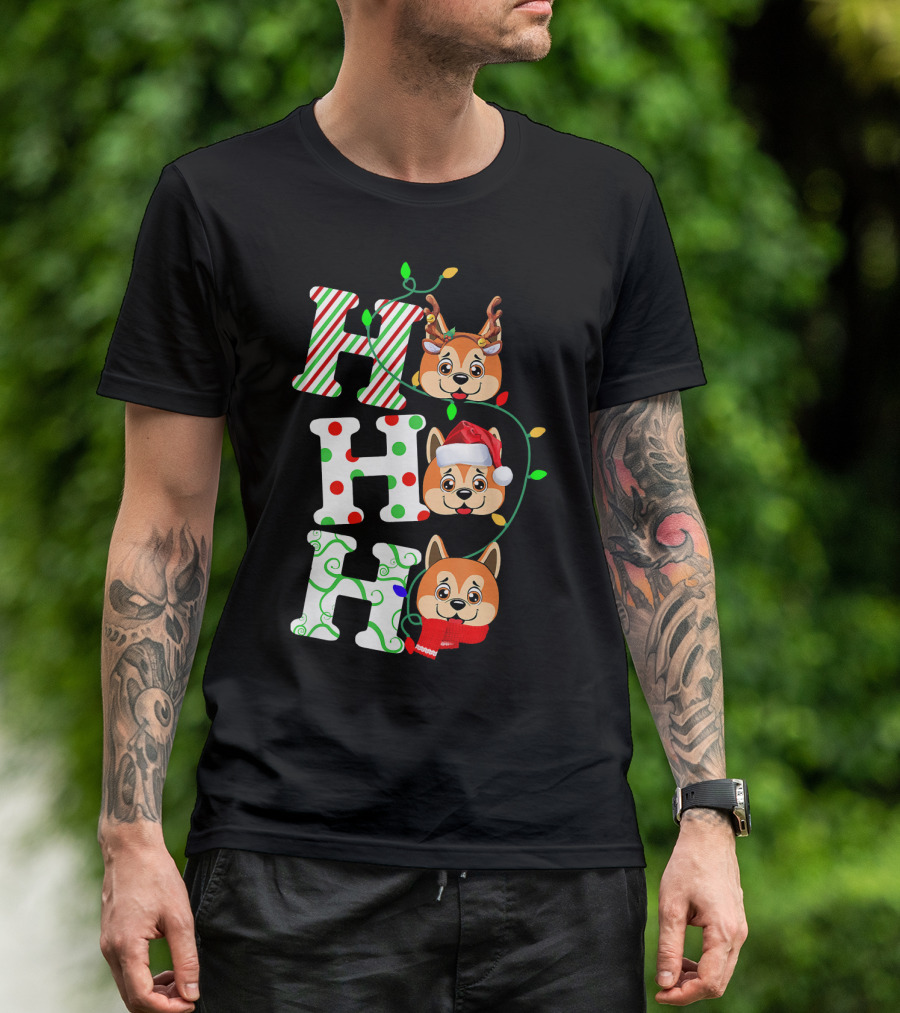 Ho Ho Ho Akita Christmas Dog Santa Hat Reindeer Lights T-Shirt