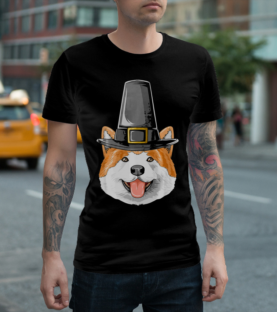 Akita Dog in Pilgrim Hat Thanksgiving Costume T-Shirt