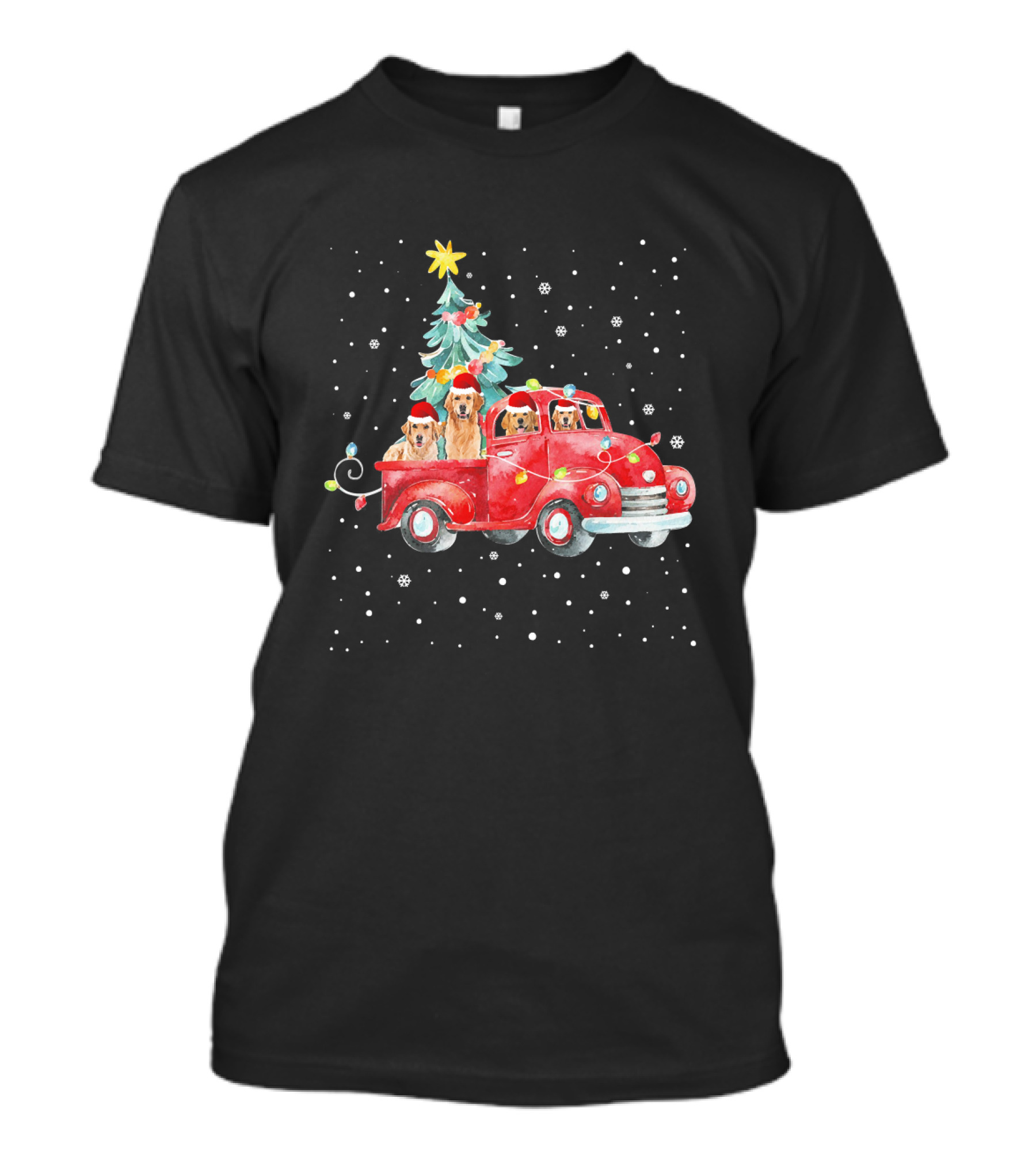 Golden Retrievers In Red Truck With Christmas Tree And Snowflakes T-Shirt