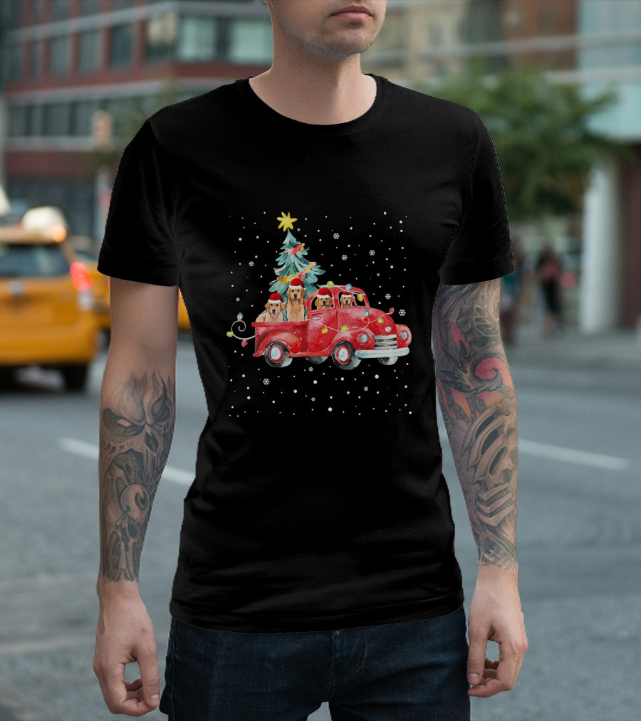 Golden Retrievers in Red Truck with Christmas Tree and Snowflakes T-Shirt
