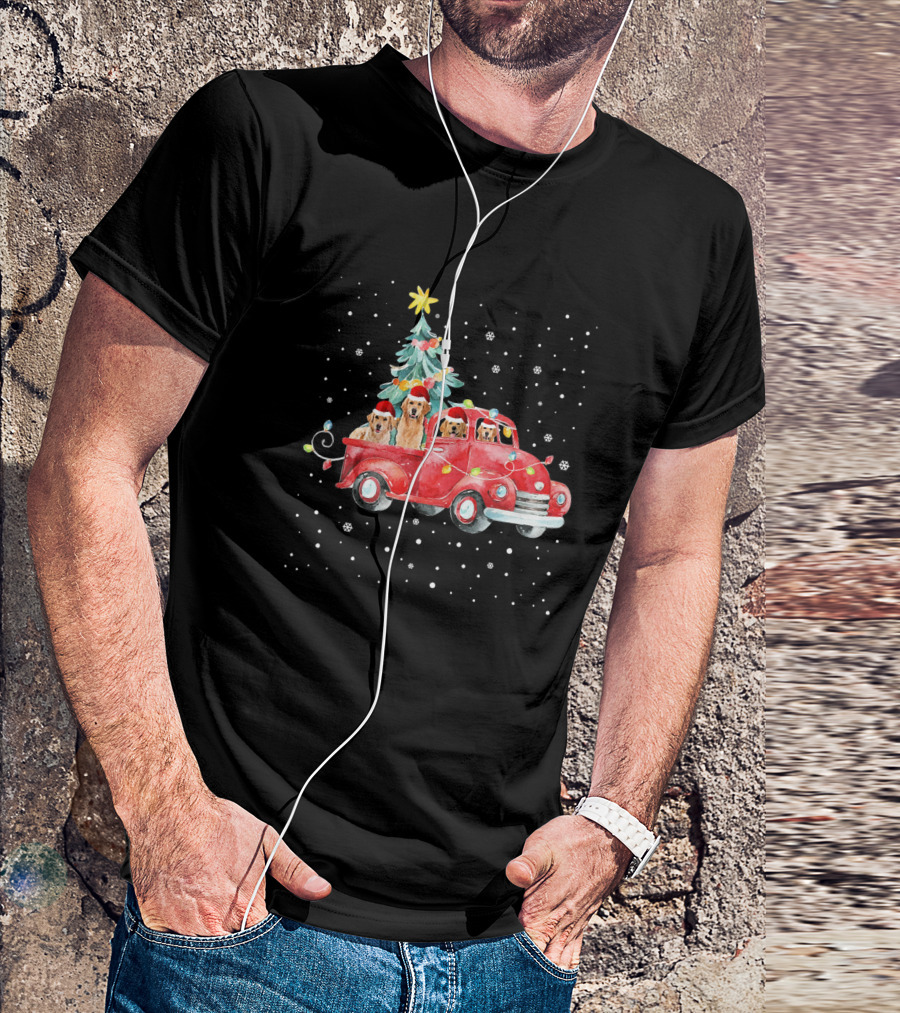 Golden Retrievers In Red Truck With Christmas Tree And Snowflakes T-Shirt