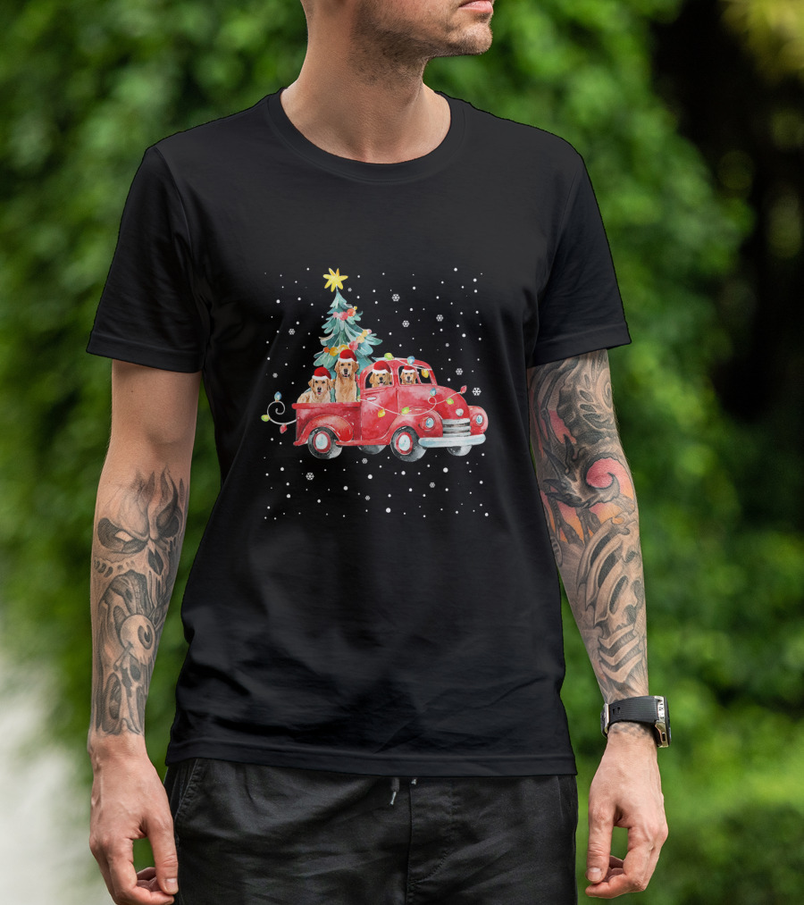 Golden Retrievers In Red Truck With Christmas Tree And Snowflakes T-Shirt