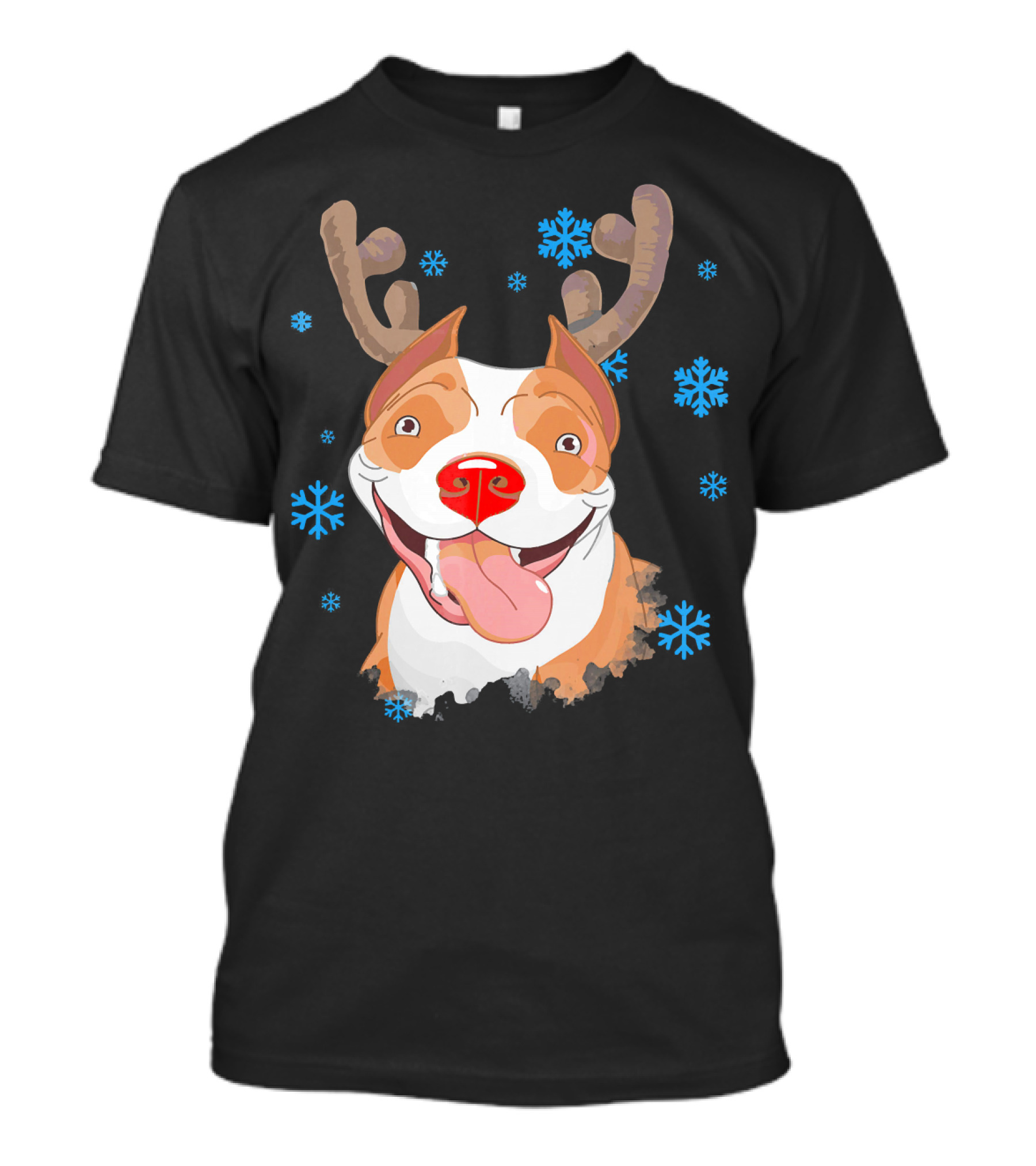 Jolly Pit Bull With Reindeer Antlers And Snowflakes T-Shirt