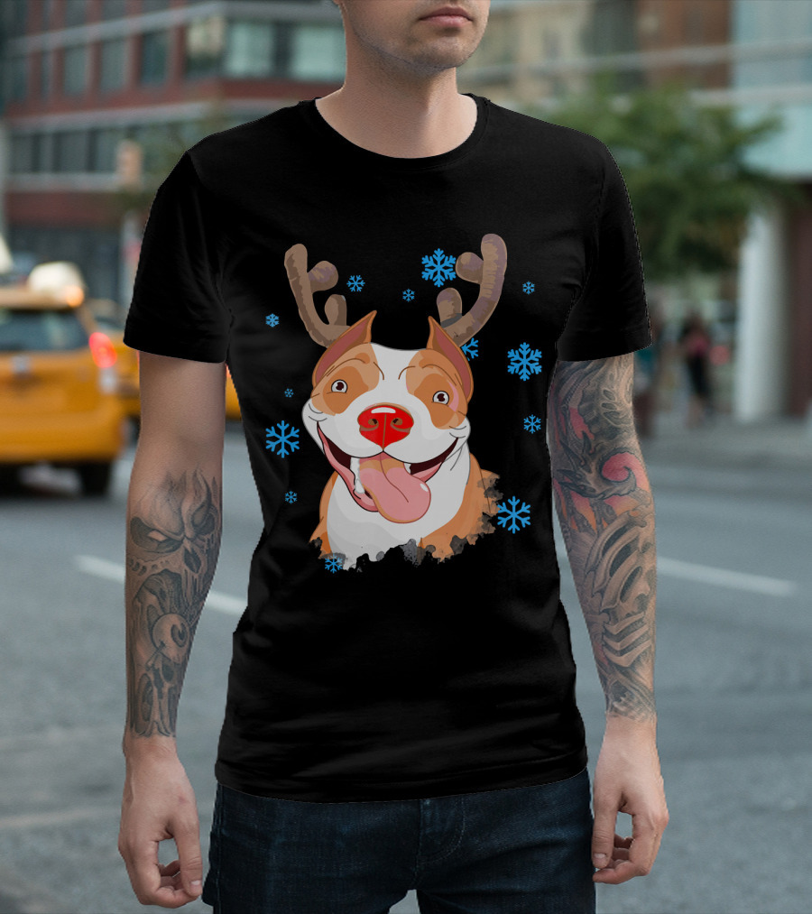 Jolly Pit Bull With Reindeer Antlers And Snowflakes T-Shirt