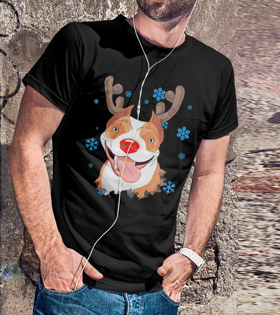 Jolly Pit Bull With Reindeer Antlers And Snowflakes T-Shirt