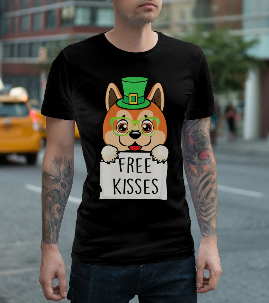 Free Kisses Akita Dog Leprechaun with Green Hat and Glasses T-Shirt